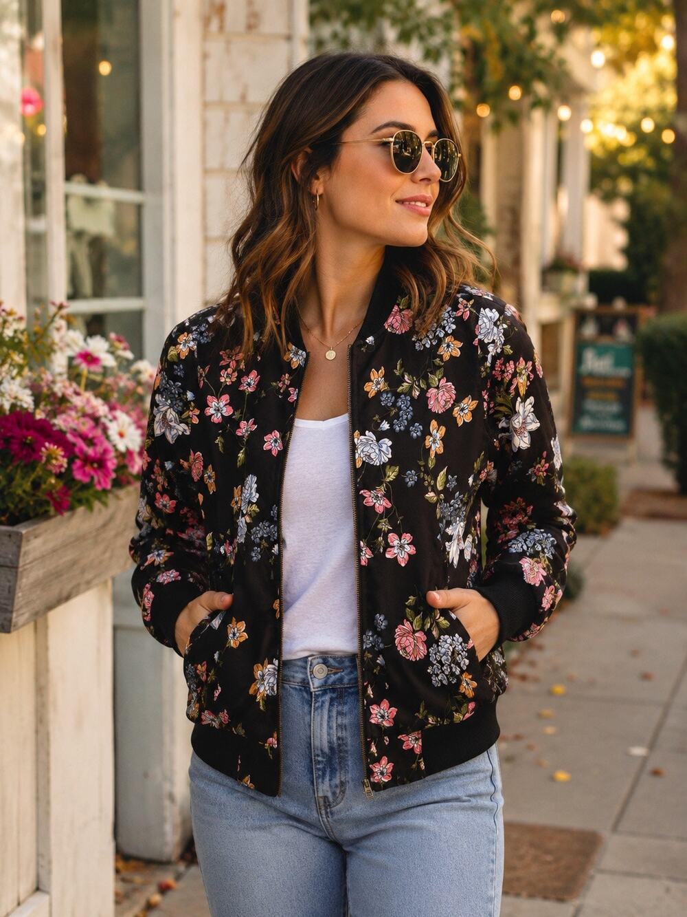 Pink Rose Floral Bomber Jacket Black Zip Front Lightweight Jacket Size Small